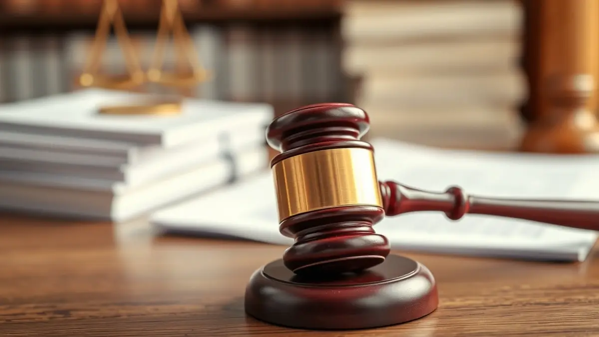 Imatge genèrica d'un martell de jutge sobre una taula de fusta, amb documents legals desenfocats al fons, simbolitzant processos judicials i regulacions.