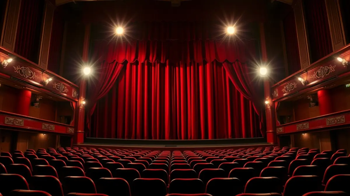 Imatge genèrica d'un teatre amb cortines de vellut roig i focus il·luminant l'escenari buit.
