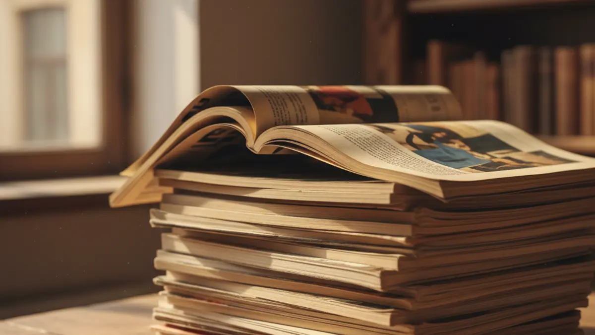 Generic image of a stack of old magazines with yellowed pages, on a wooden table with warm light.