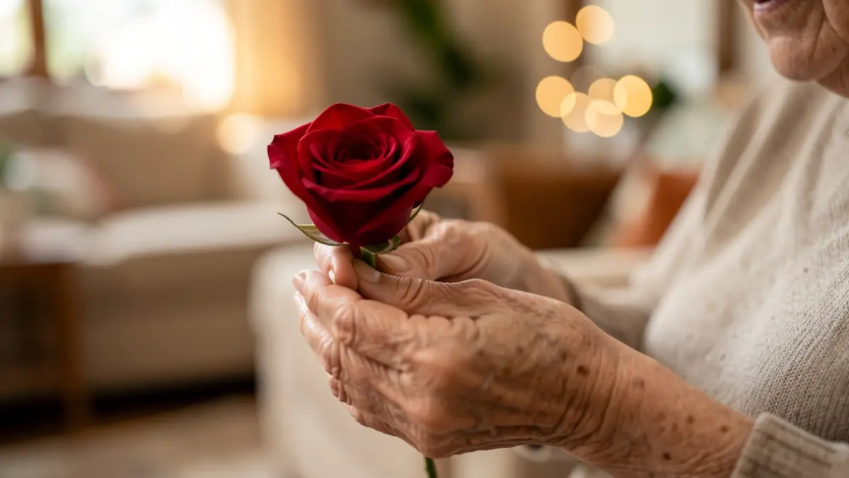 Generic image of an elderly woman's hands holding a rose.