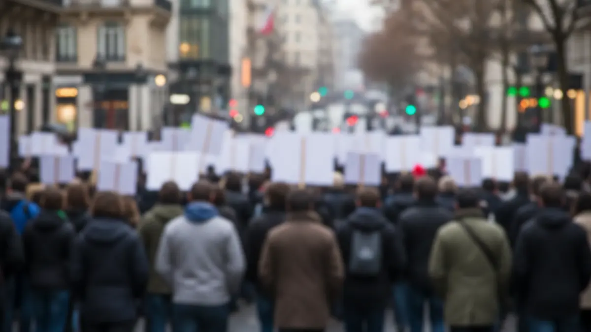 Generic image of a crowd at a demonstration, with banners and a protest atmosphere.