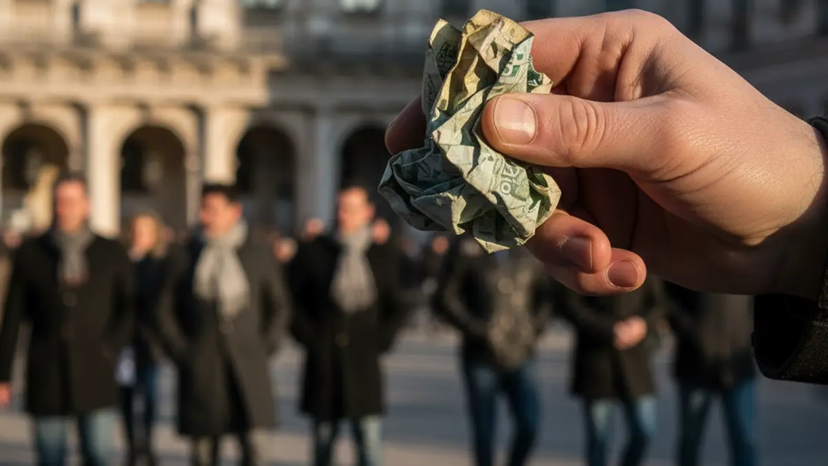 Generic image of a hand holding a crumpled bill, with blurred municipal buildings in the background, symbolizing local financial complexity.