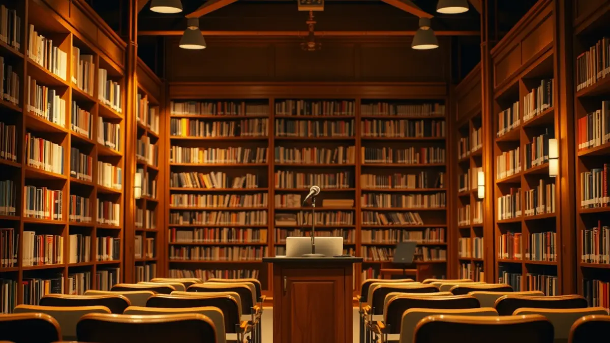 Generic image of a library interior with wooden bookshelves and a microphone on a podium.