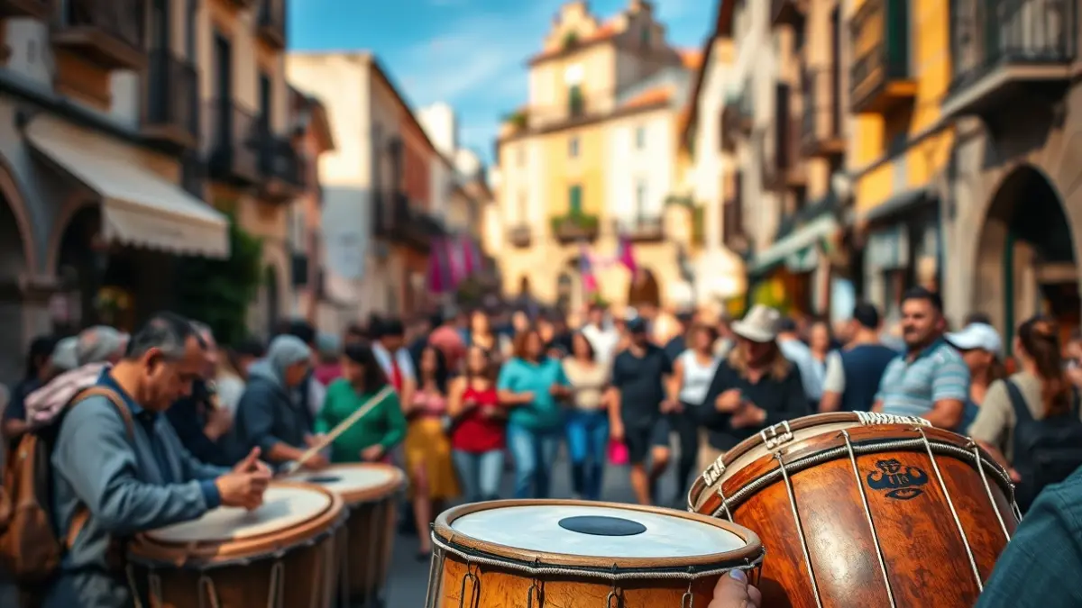 Imagen de una feria tradicional con música y gente en una calle antigua.