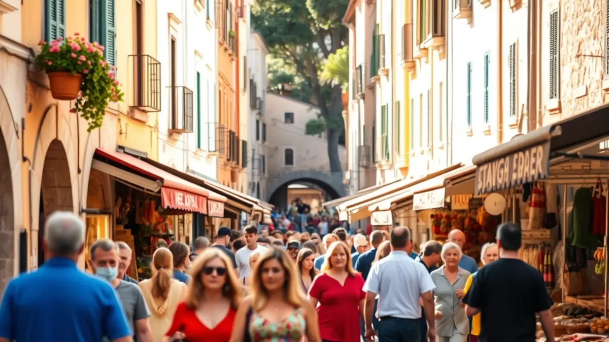 Imagen genérica de una calle de un pueblo mediterráneo con puestos de feria y gente paseando.