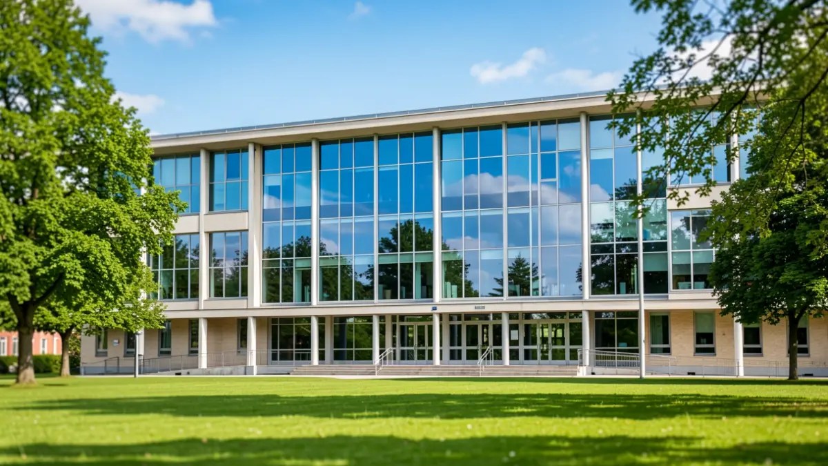 Imagen genérica de un edificio universitario moderno con césped y árboles.