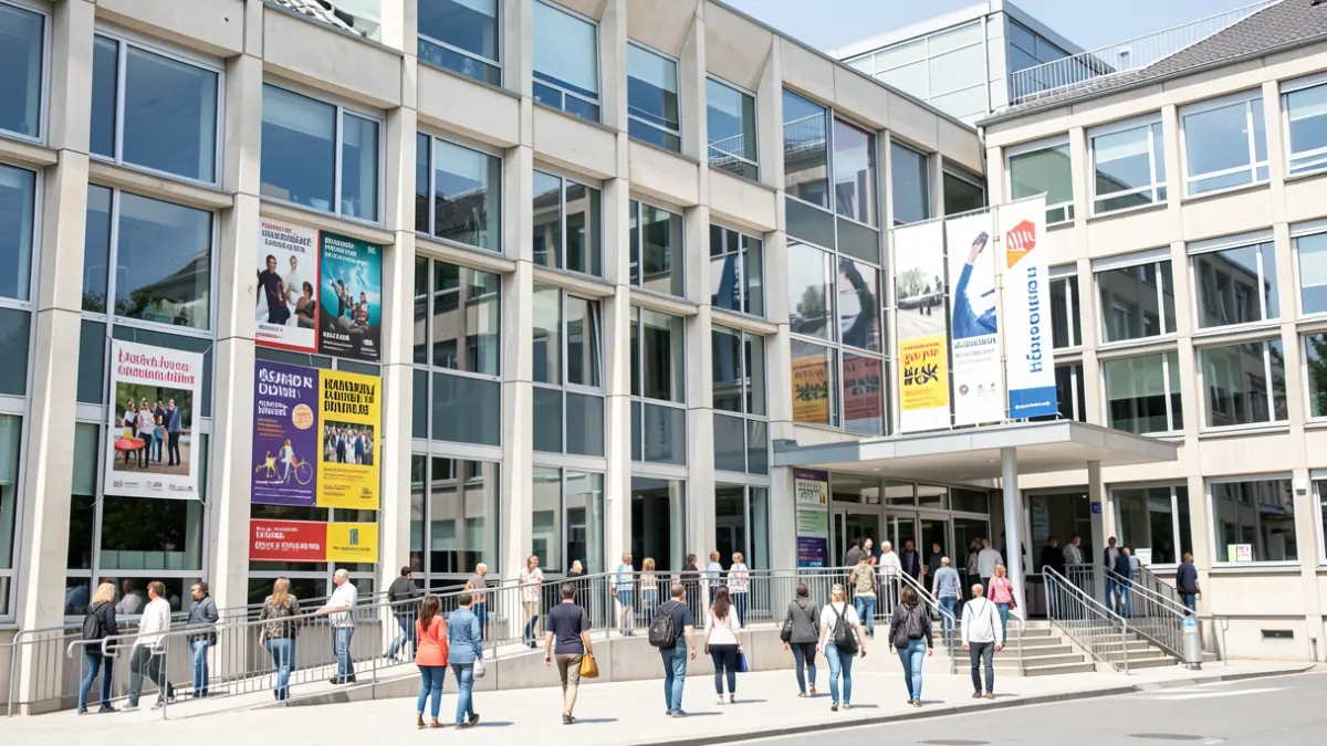 Generic image of a university building with cultural promotion elements.
