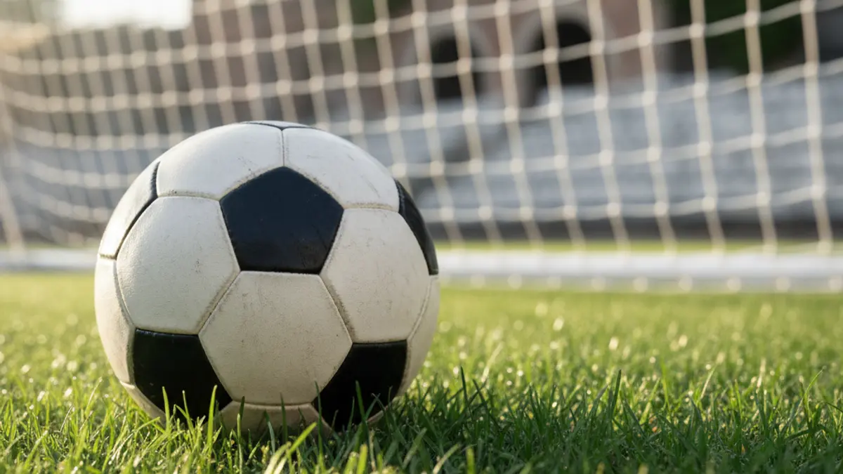 Generic image of a soccer ball on grass, with a blurred goal in the background, under evening light.
