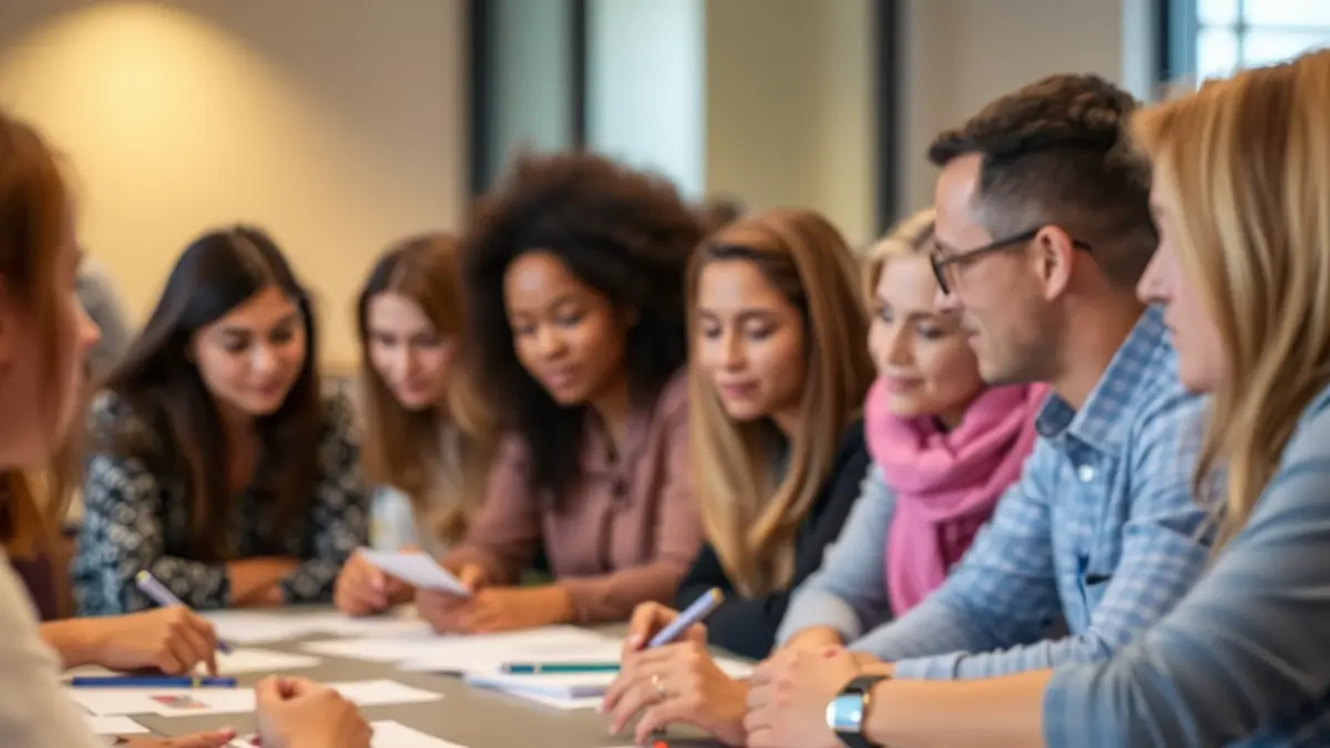 Generic image of a group of people collaborating in a workshop, with blurred faces, in a warm setting.