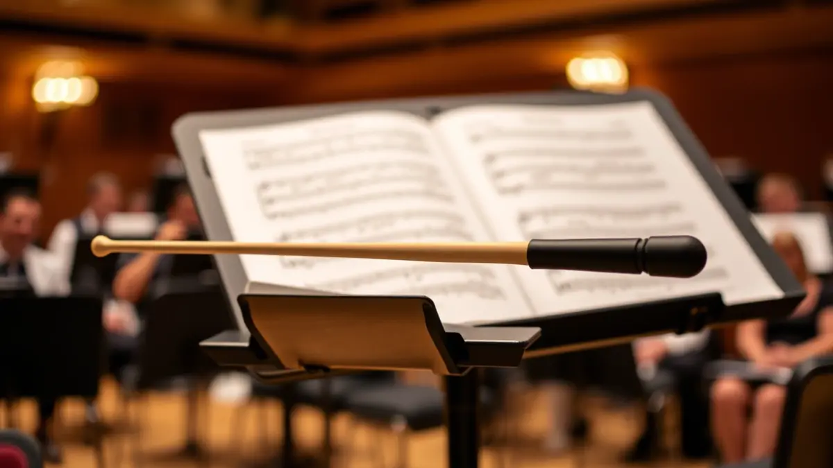 Generic image of a conductor's baton on a music stand with sheet music, in a concert hall setting.