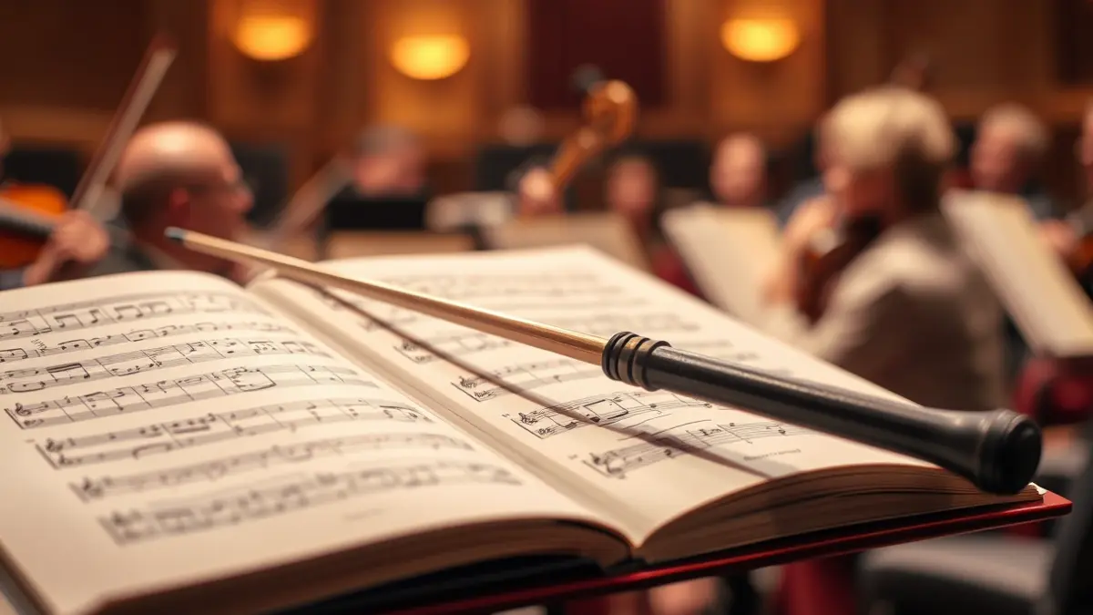 Imatge genèrica d'una batuta de director sobre una partitura musical, amb instruments orquestrals desenfocats al fons.
