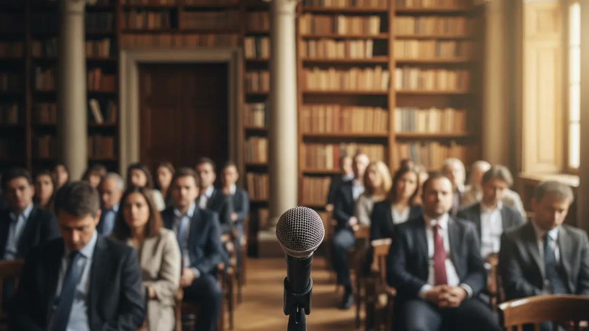 Generic image of a microphone on a podium in an academic setting, with blurred bookshelves in the background.