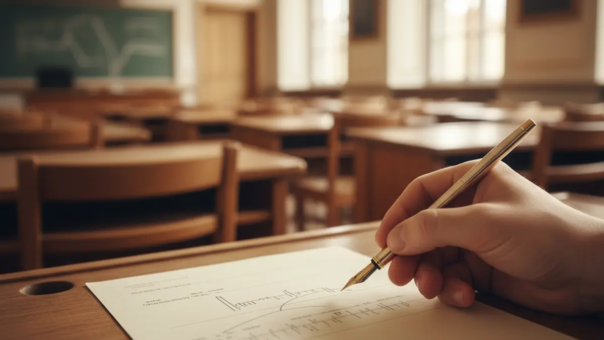 Imatge genèrica d'una mà amb un bolígraf sobre un examen en una aula universitària.
