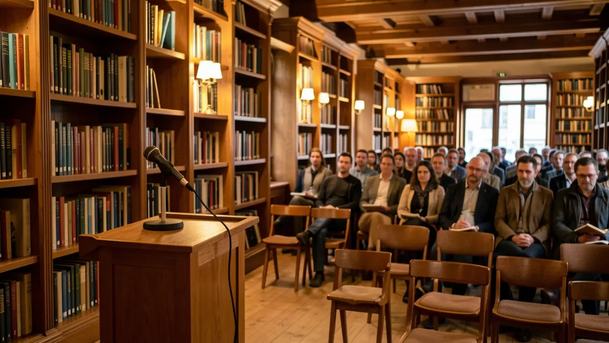 Image of a library interior with wooden bookshelves and a podium prepared for an academic event.