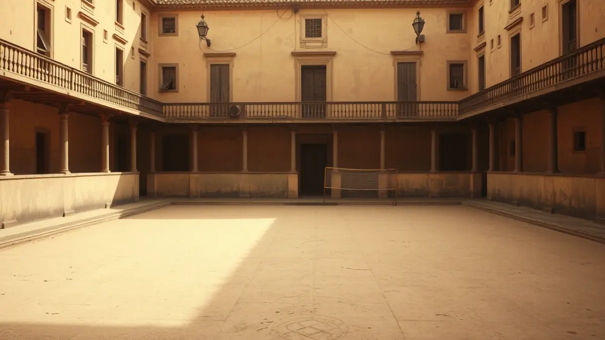 Image of an old Valencian 'trinquet' court, with worn walls and soft lighting, evoking the historical memory of the sport.