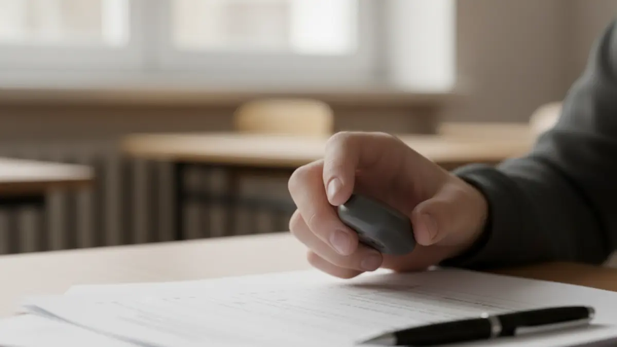 Imatge genèrica d'un estudiant usant un dispositiu electrònic durant un examen.