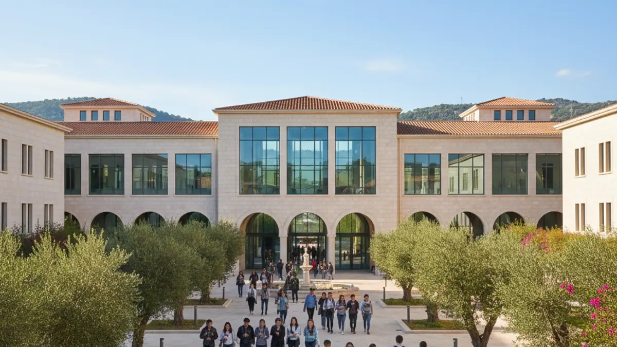 Generic image of a modern university building with students walking, on a sunny day.