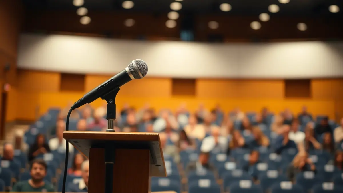 Generic image of a microphone on a podium in a university auditorium.