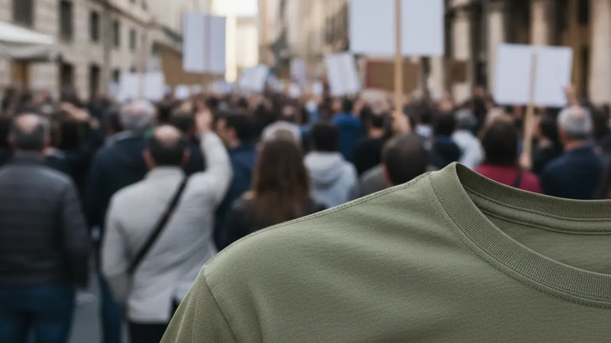 Imatge genèrica d'una camiseta verda, símbol de la protesta docent, amb una manifestació borrosa al fons en un carrer de Gandia.