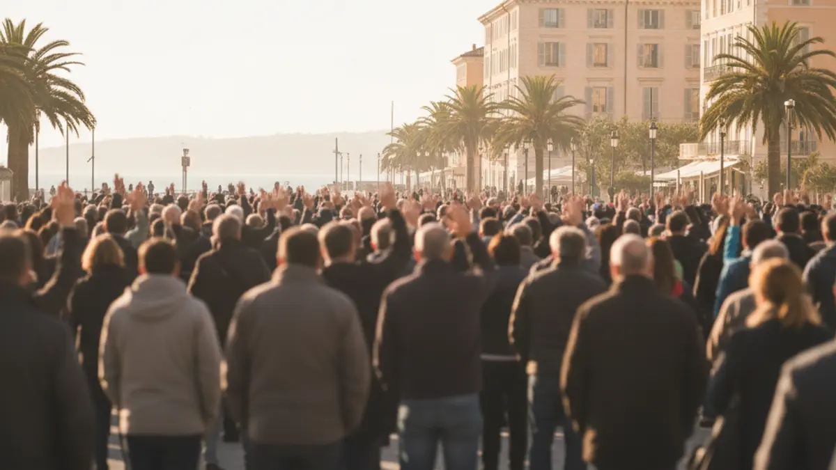 Imatge genèrica d'una manifestació amb una multitud borrosa i pancartes, en un ambient de protesta en una ciutat mediterrània.