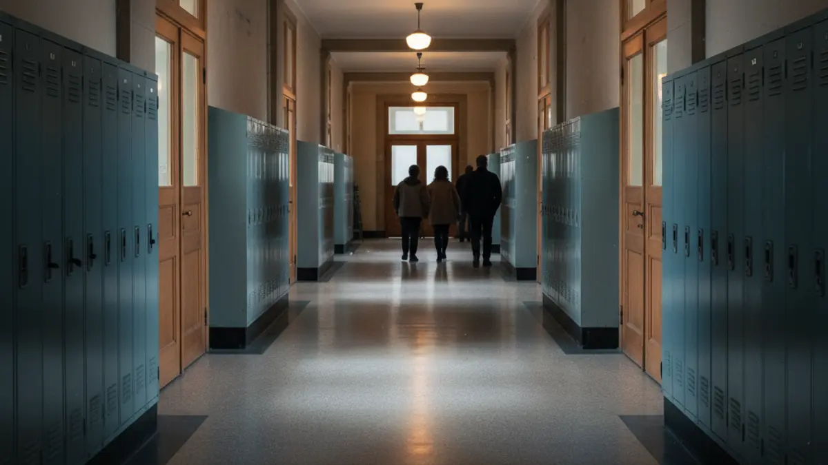 Generic image of an empty school hallway with lockers and closed classroom doors, dimly lit.