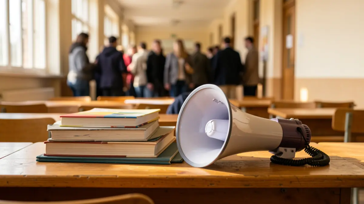 Imatge genèrica d'un aula amb material escolar i un megàfon.