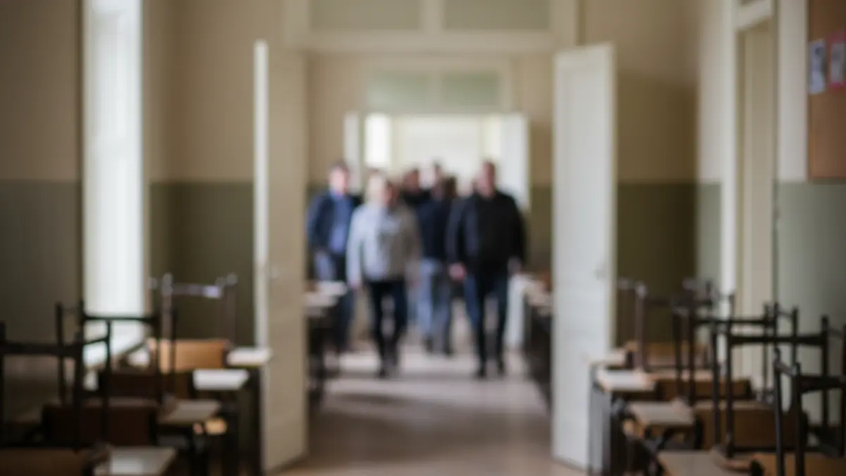 Generic image of an empty school hallway with open classrooms, suggesting the absence of students and teachers.