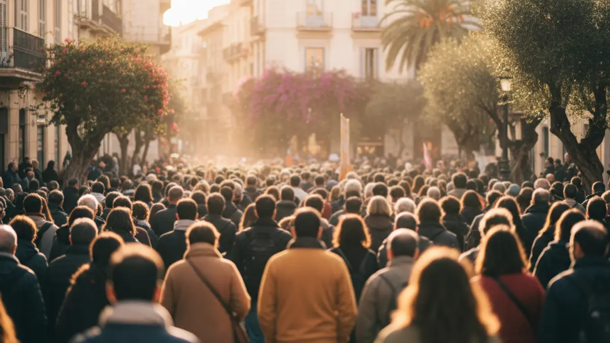 Generic image of a teachers' demonstration on an urban street, with blurred crowd and protest signs.