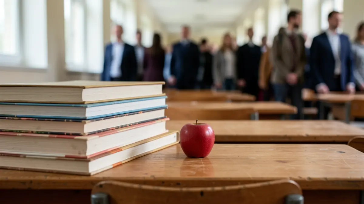 Generic image of a school desk with books in a classroom.