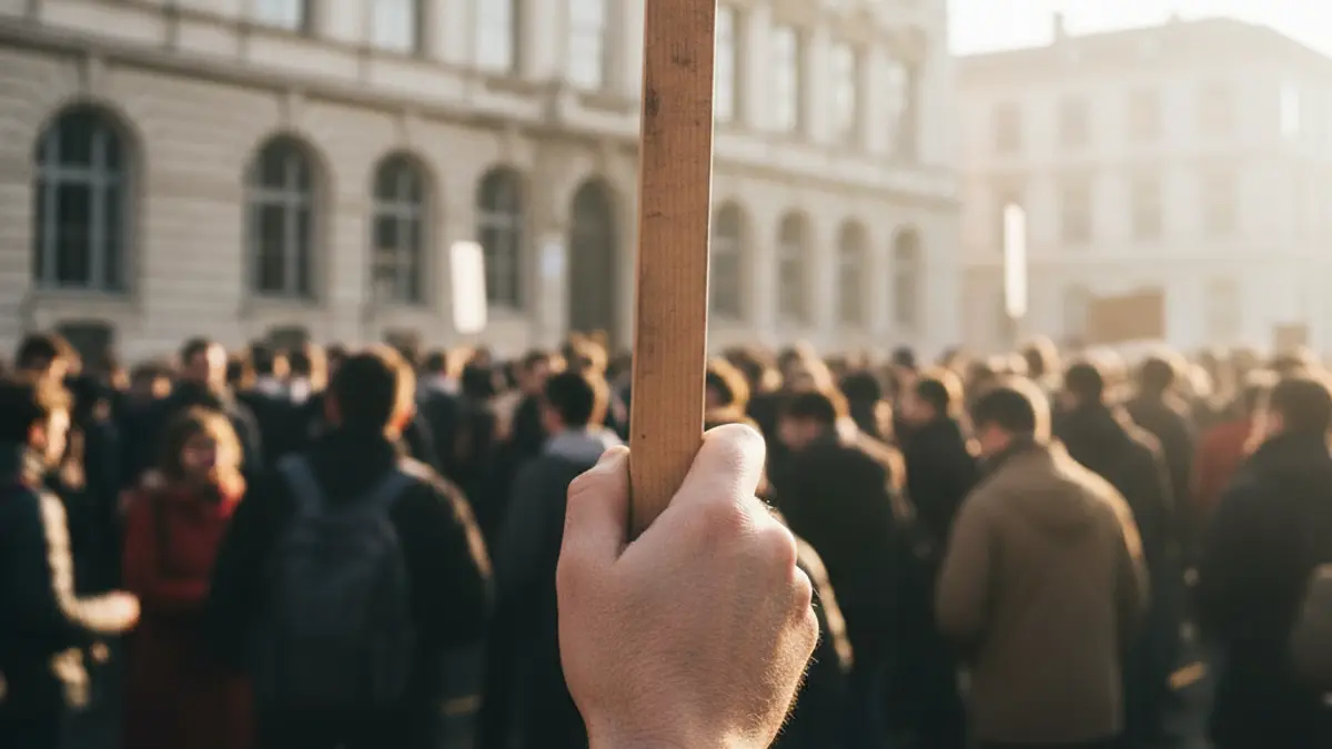 Generic image of a hand holding a protest sign in front of a school building, with soft morning light.