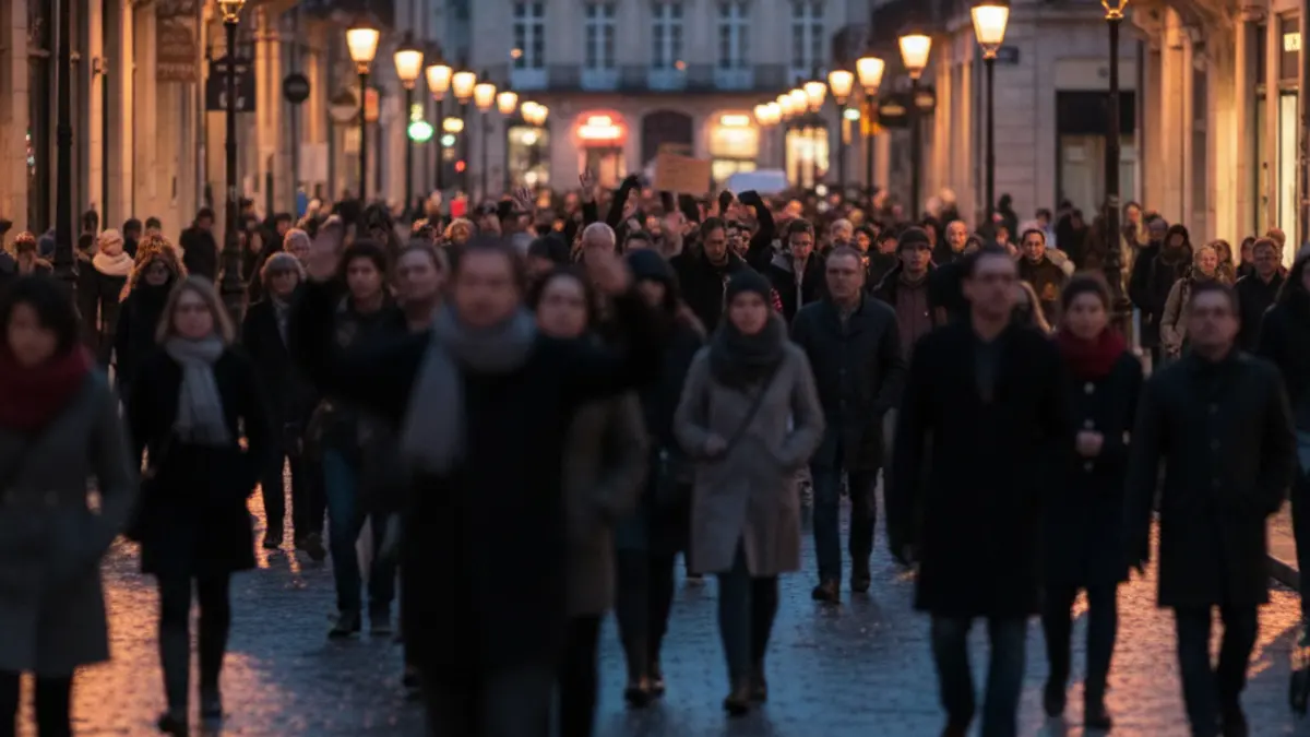Imatge genèrica d'una manifestació en un carrer de ciutat, amb gent borrosa i pancartes il·legibles.