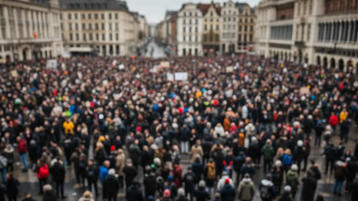 Imatge genèrica d'una manifestació amb pancartes i una multitud borrosa en un entorn urbà.