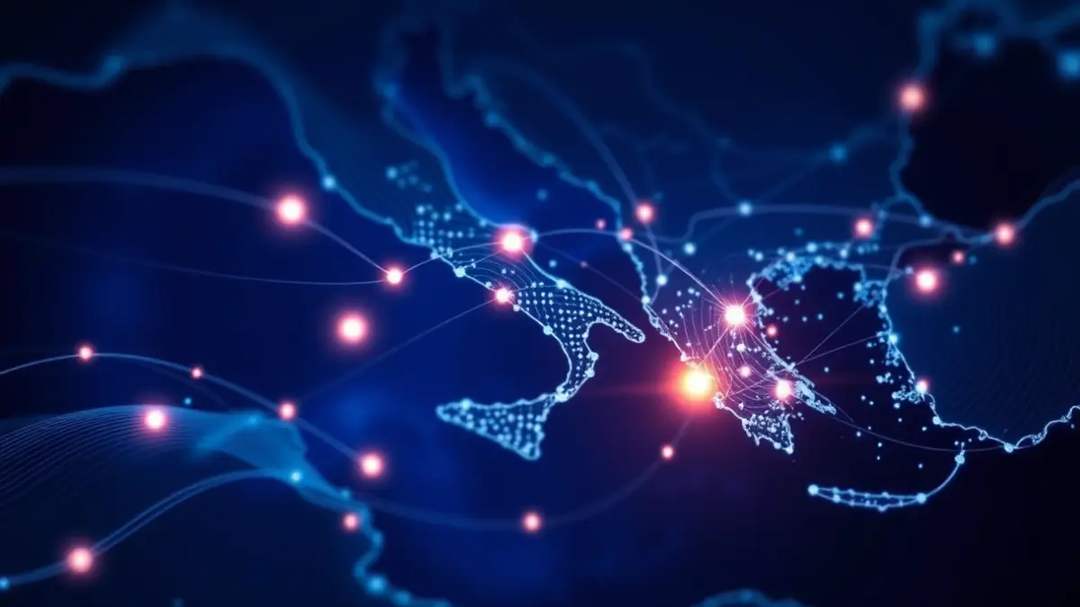 Imagen genérica de un mapa digital con líneas luminosas que representan la gestión inteligente del turismo en una comarca valenciana.