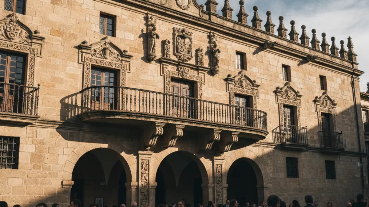 Façana d'un ajuntament de pedra amb balcó ornamentat, il·luminat per la llum del sol de la vesprada.