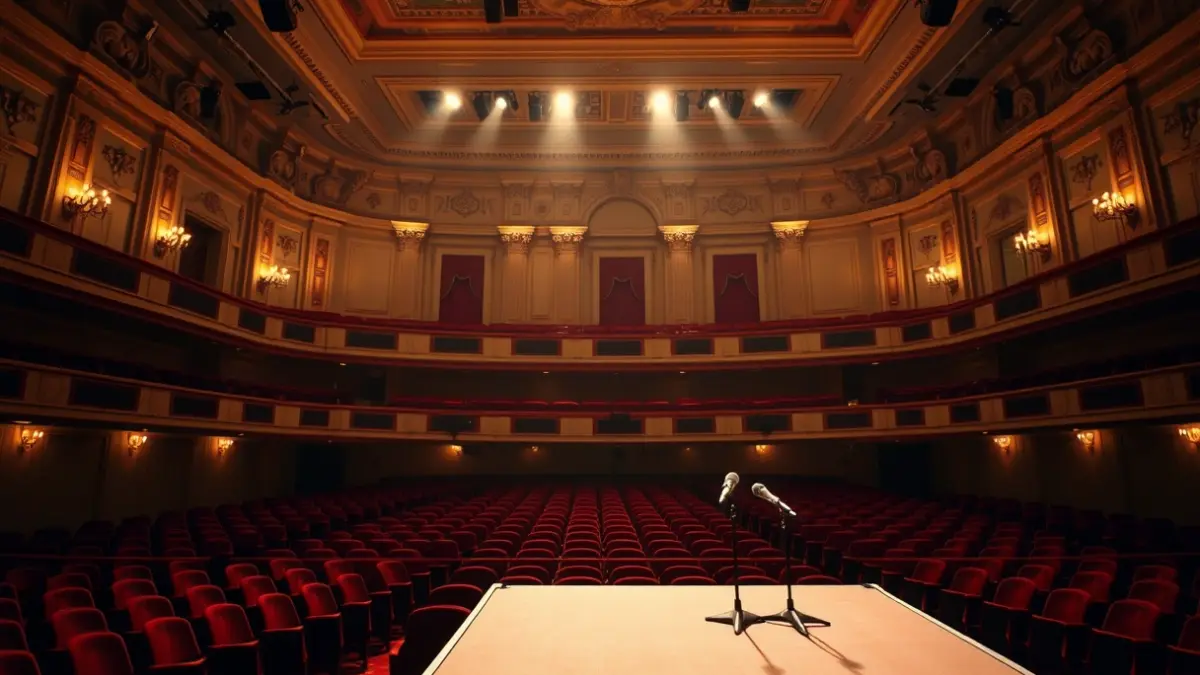 Generic image of a concert hall stage with an empty podium and microphones, warm lighting and velvet seats.