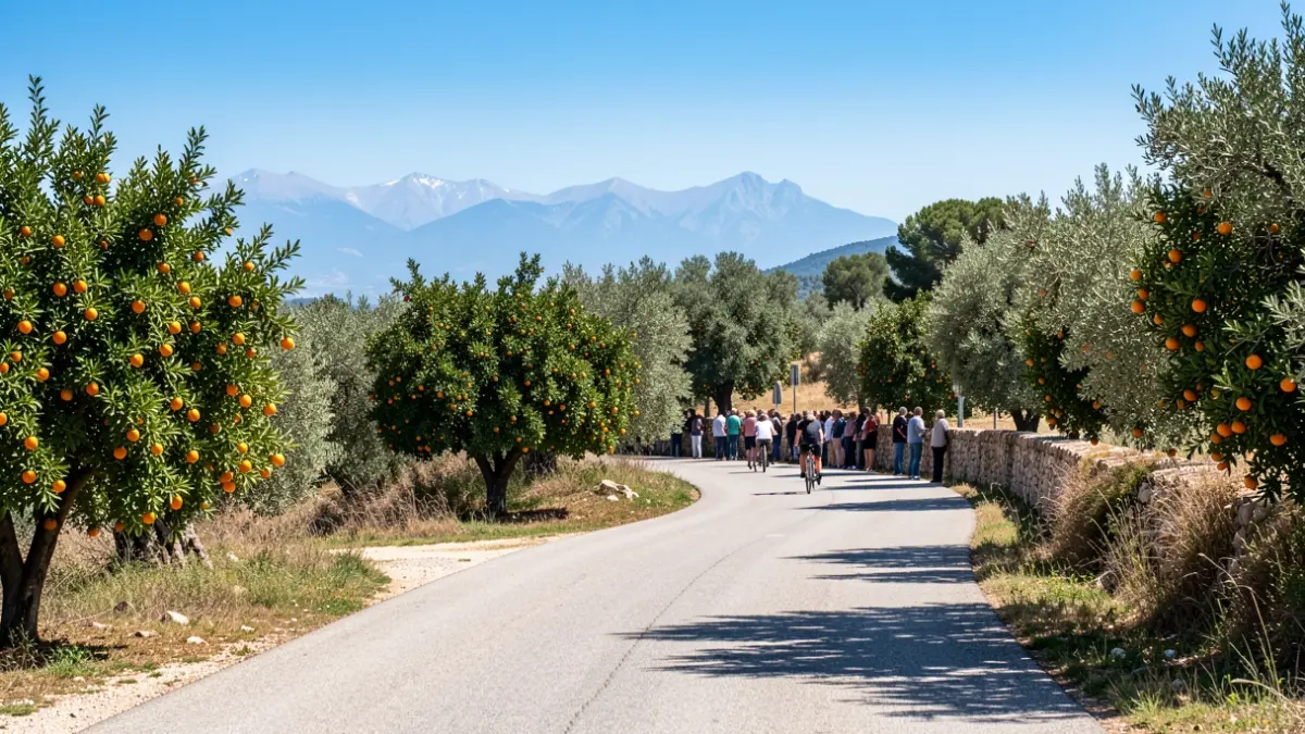 Generic image of a Mediterranean landscape with a winding road and a distant cyclist.