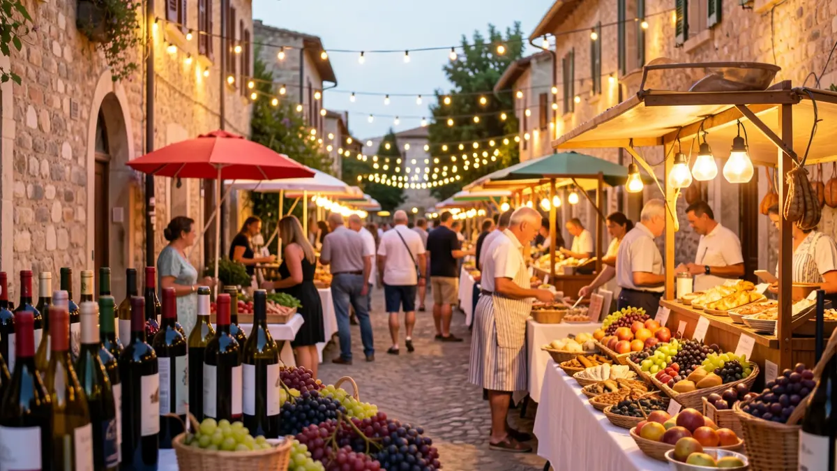 Generic image of a wine festival with local product stalls and a festive atmosphere.