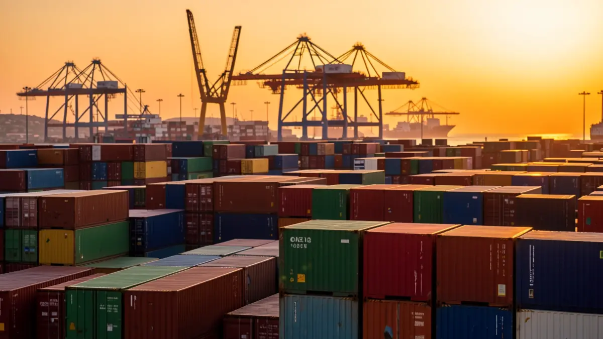 Imatge genèrica d'una terminal de contenidors en un port comercial al capvespre.