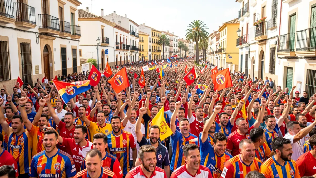 Generic image of football fans in Elche, with banners and team colors.