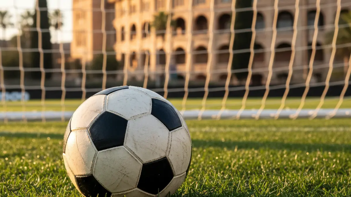 Imatge genèrica d'una pilota de futbol en la gespa d'un estadi, amb la porteria desenfocada al fons.