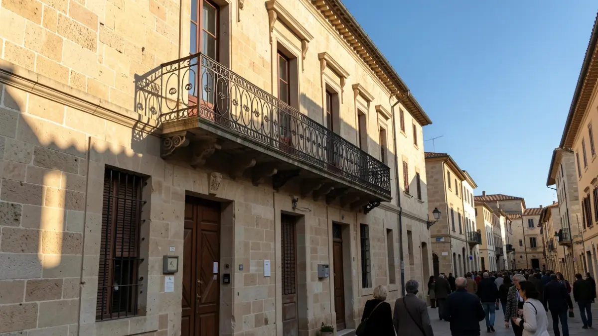 Fachada de un ayuntamiento mediterráneo con balcón de hierro forjado, luz solar de tarde.