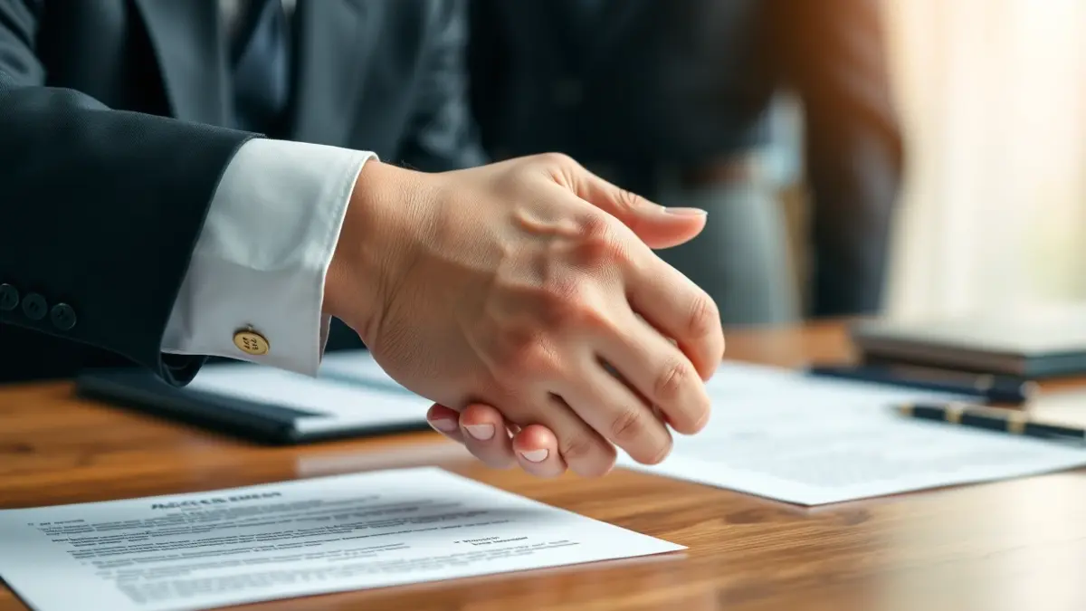 Generic image of two hands shaking over paperwork, symbolizing collaboration.