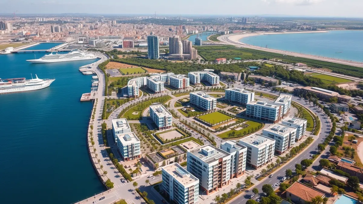 Imatge aèria d'una zona urbana en construcció prop d'un port, amb edificis nous i zones verdes, connectant amb l'horitzó de la ciutat.