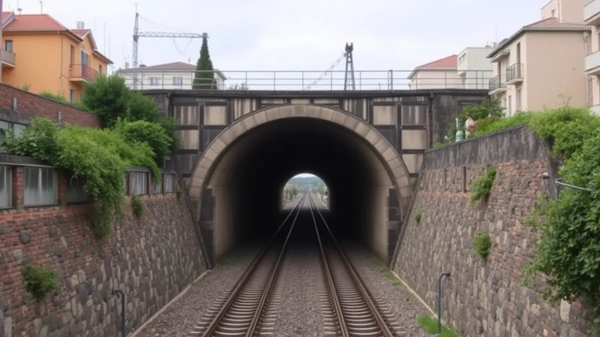 Image of an urban railway tunnel, with tracks disappearing into darkness, surrounded by buildings and vegetation.