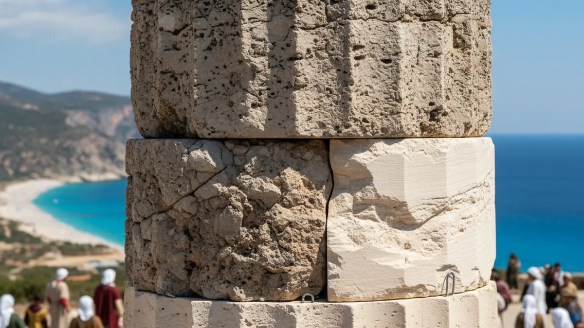 Imatge d'una columna de pedra d'un monument històric, parcialment restaurada, amb el paisatge costaner difuminat al fons.