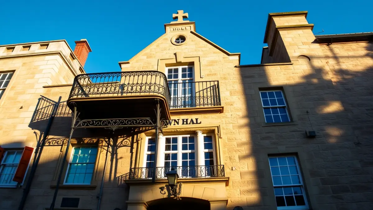 Facade of a town hall with a balcony and iron railings, bathed in afternoon sunlight.