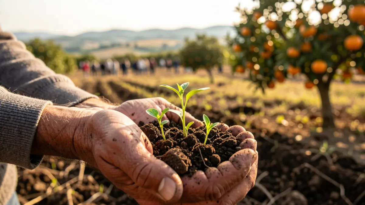 Imatge genèrica de mans d'agricultor sostenint terra amb brots verds, amb paisatge mediterrani al fons.