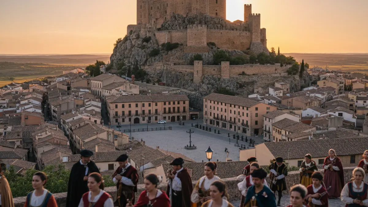 Imatge d'un castell valencià en un tossal amb una processó borrosa en primer pla, llum càlida de vesprada i ambient festiu.