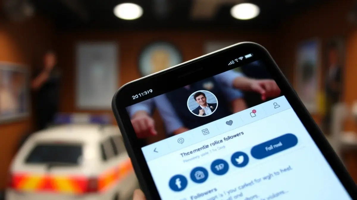 Imatge d'un telèfon mòbil mostrant un perfil de xarxa social amb molts seguidors falsos, amb un fons desenfocat d'una comissaria de policia.