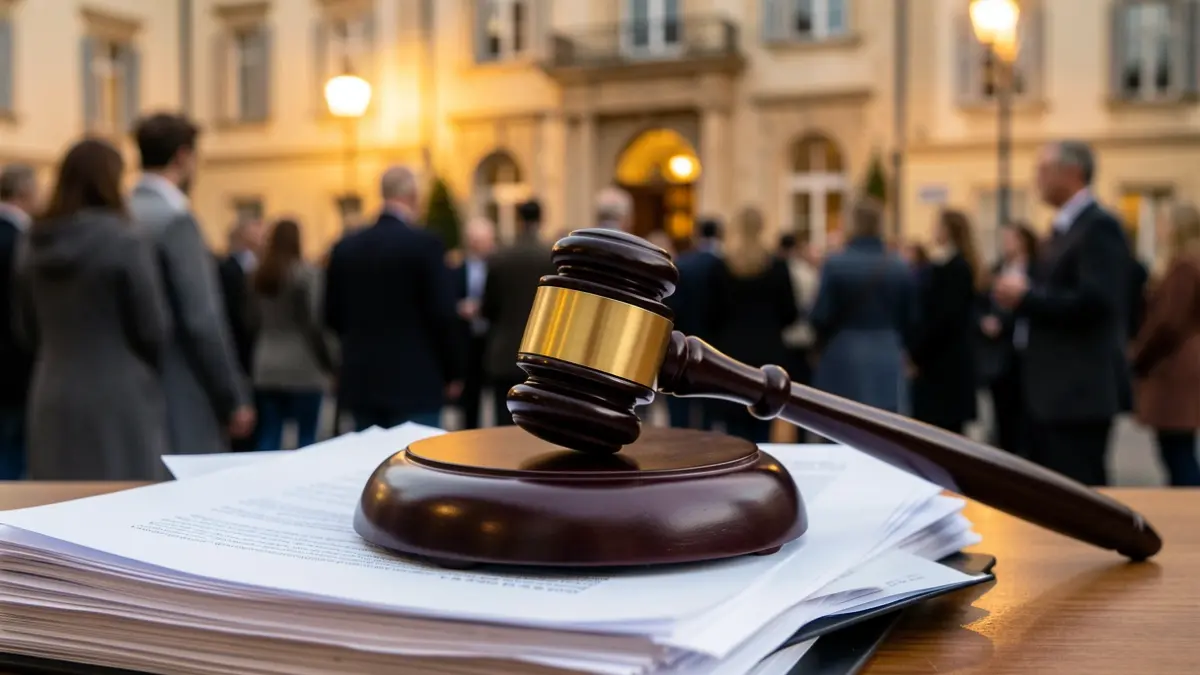 Imatge genèrica d'un martell de jutge sobre documents legals davant d'un ajuntament.